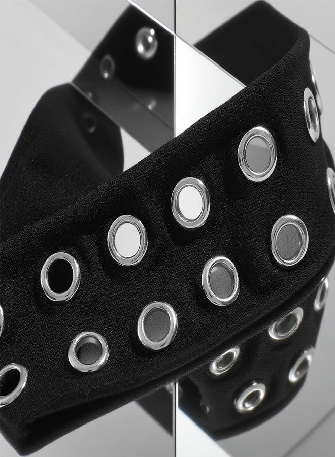 CZMZHFC Grommet Headband,Women Hollow Out Eyelets Elastic Hairband,Punk Style Rivets Headbands,Y2K Grunge Fashion Wide Head band,Stretchy Casual Hair Accessories for Women (Black, StyleB) - Image 3